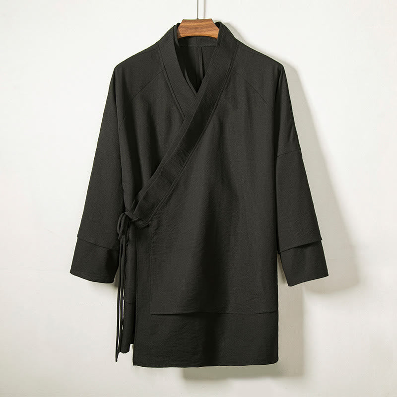 Lace-Up Design Open Front Jacket Men's Cotton Linen Long Sleeve Kimono