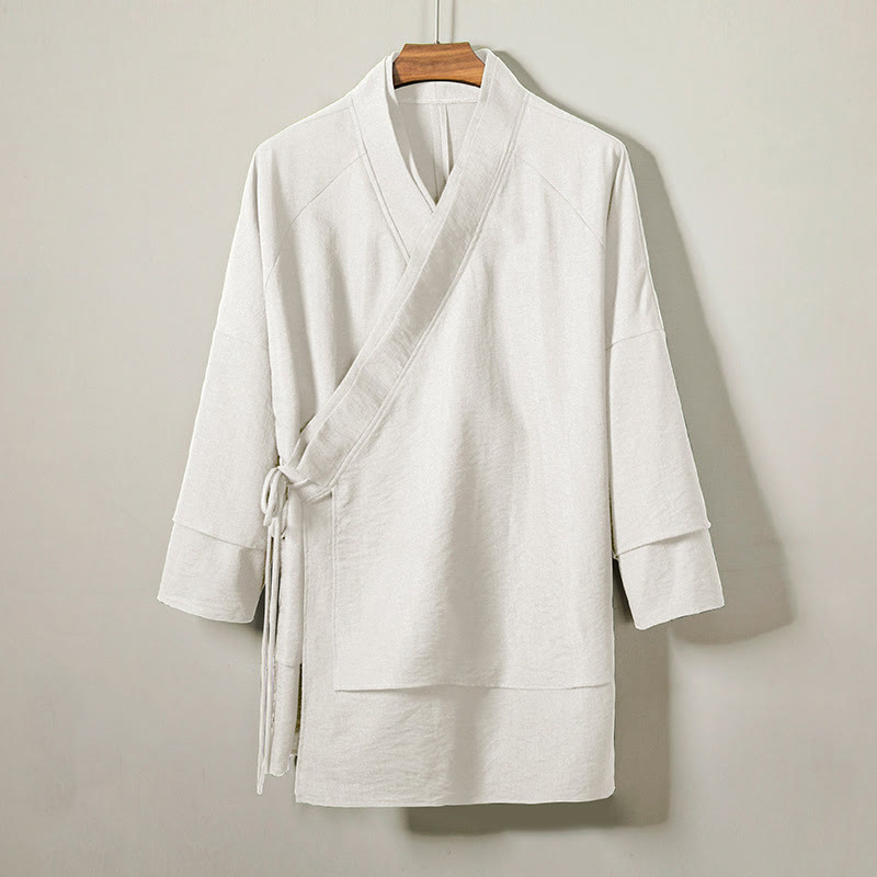 Lace-Up Design Open Front Jacket Men's Cotton Linen Long Sleeve Kimono