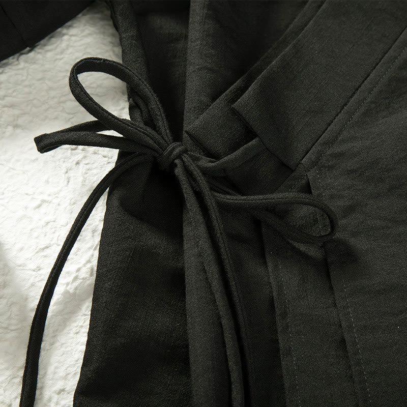 Lace-Up Design Open Front Jacket Men's Cotton Linen Long Sleeve Kimono