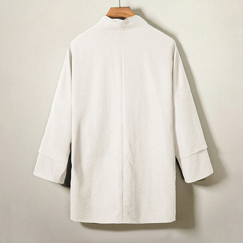 Lace-Up Design Open Front Jacket Men's Cotton Linen Long Sleeve Kimono