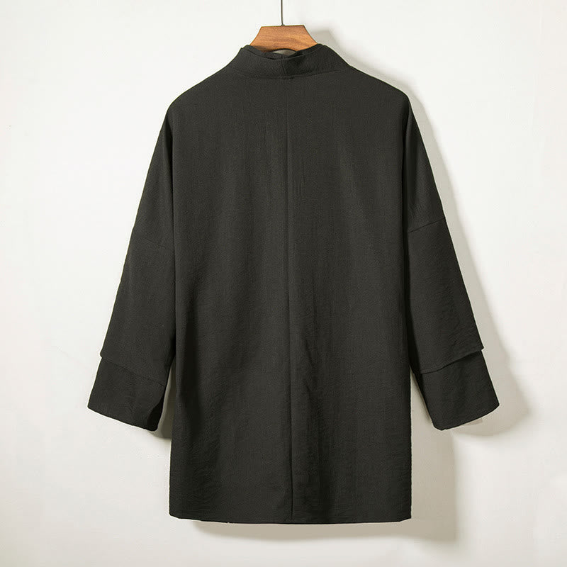 Lace-Up Design Open Front Jacket Men's Cotton Linen Long Sleeve Kimono
