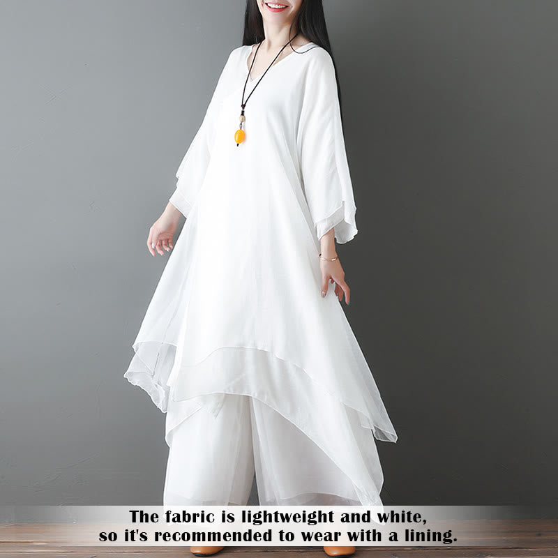 V-Neck Midi Tunic Dress Wide Leg Pants Meditation Zen Practice Dance Clothing