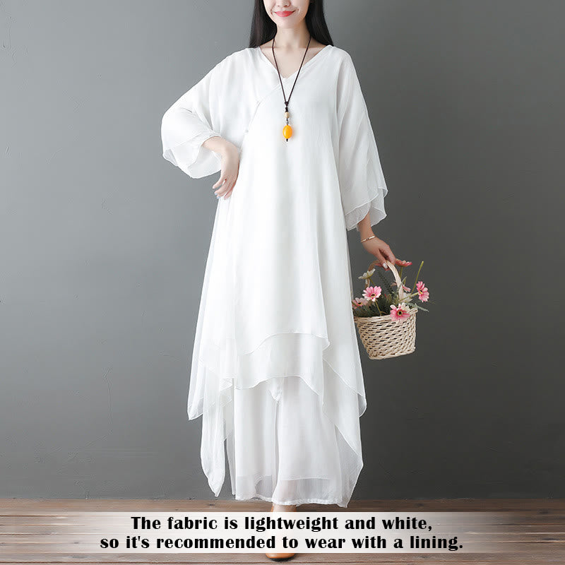 V-Neck Midi Tunic Dress Wide Leg Pants Meditation Zen Practice Dance Clothing