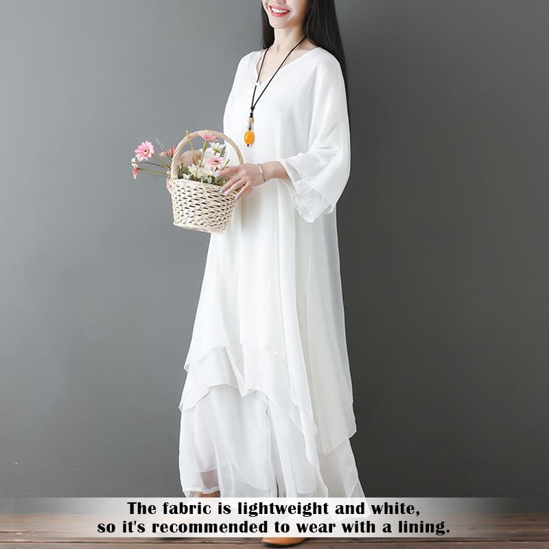 V-Neck Midi Tunic Dress Wide Leg Pants Meditation Zen Practice Dance Clothing