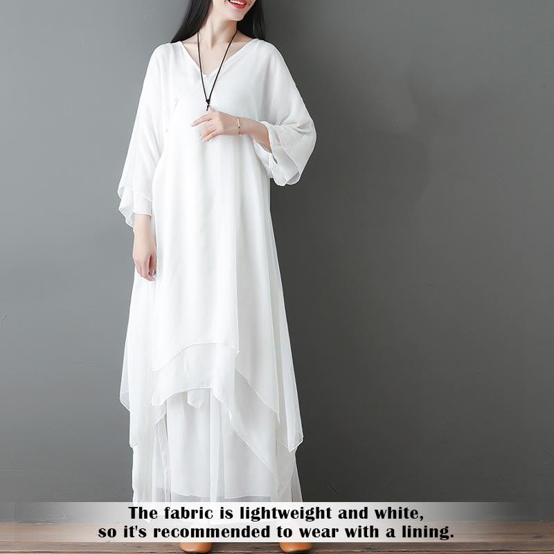 V-Neck Midi Tunic Dress Wide Leg Pants Meditation Zen Practice Dance Clothing