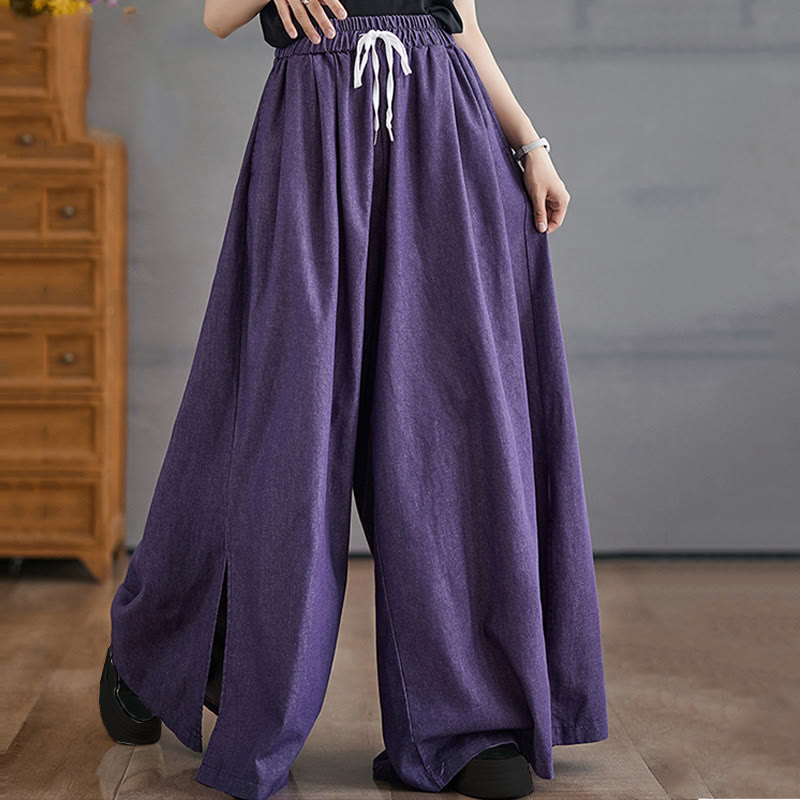Breathable Cotton Wide-Leg Meditation Trousers with Side Slits
