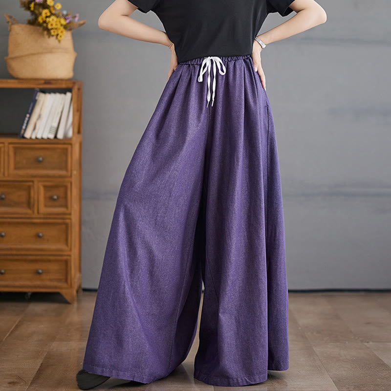 Retro Leg Opening Slit Design Cotton Women's Wide Leg Pants With Pockets