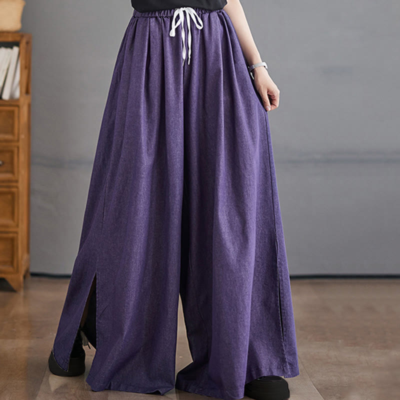 Breathable Cotton Wide-Leg Meditation Trousers with Side Slits