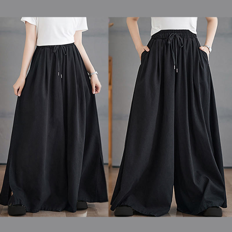 Breathable Cotton Wide-Leg Meditation Trousers with Side Slits