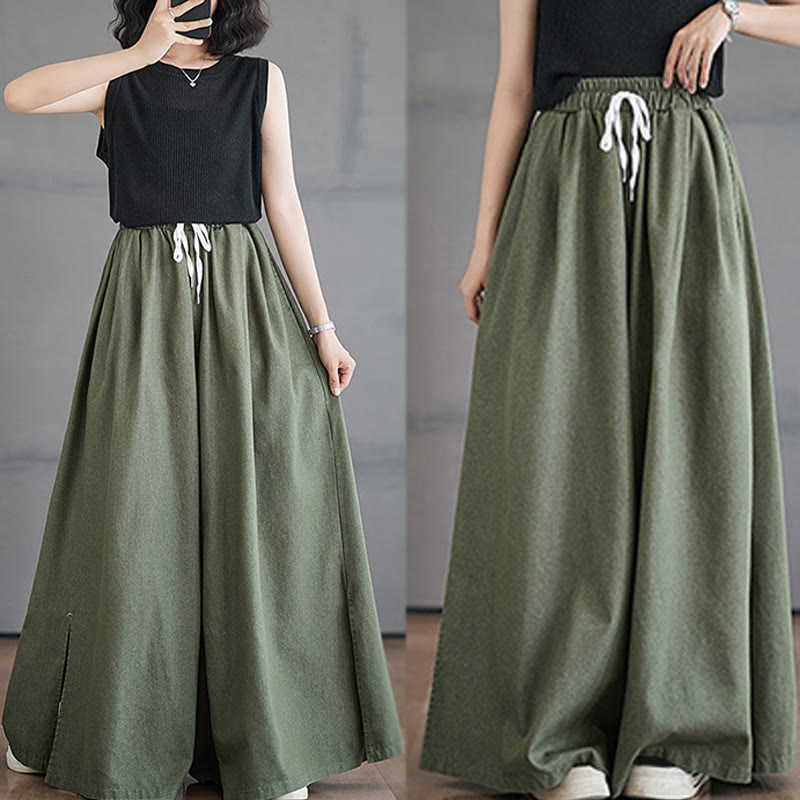Breathable Cotton Wide-Leg Meditation Trousers with Side Slits