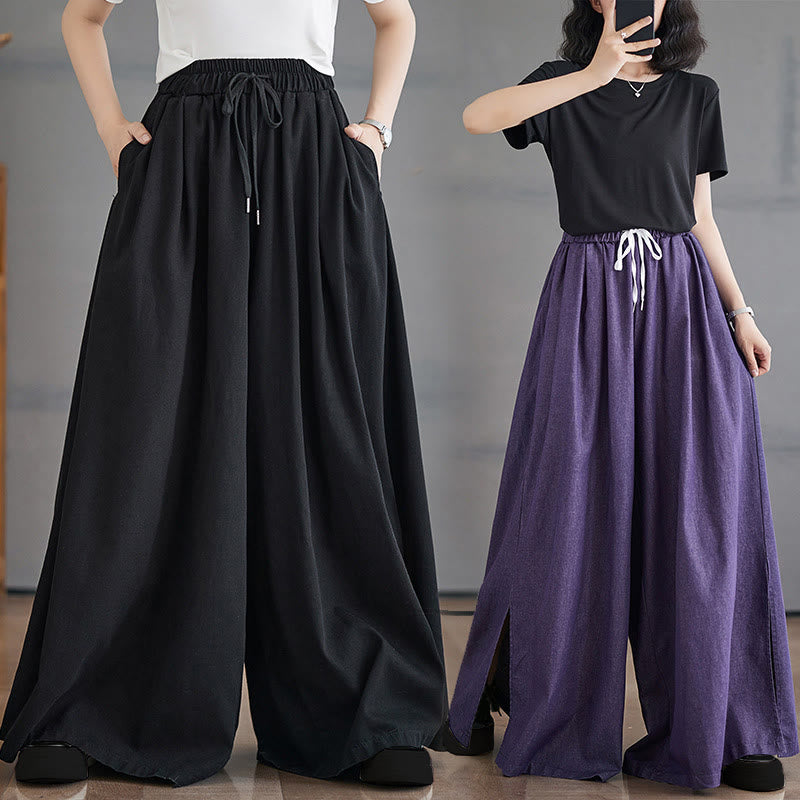 Breathable Cotton Wide-Leg Meditation Trousers with Side Slits