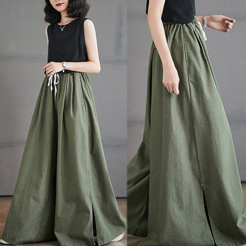 Breathable Cotton Wide-Leg Meditation Trousers with Side Slits