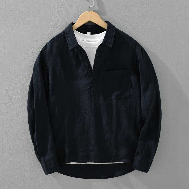 Solid Color Loose Long Sleeve Half Button Shirt Linen Men Clothing