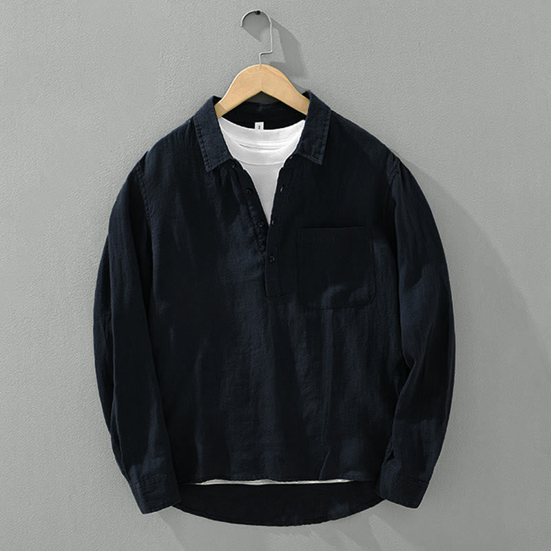Solid Color Loose Long Sleeve Half Button Shirt Linen Men Clothing