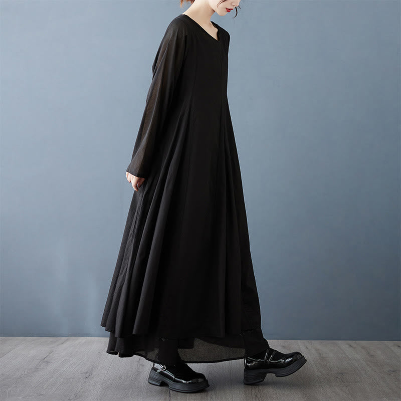 Tactile Cotton Double-Layer Mindful Long-Sleeve Midi Dress