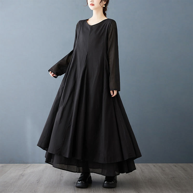 Tactile Cotton Double-Layer Mindful Long-Sleeve Midi Dress