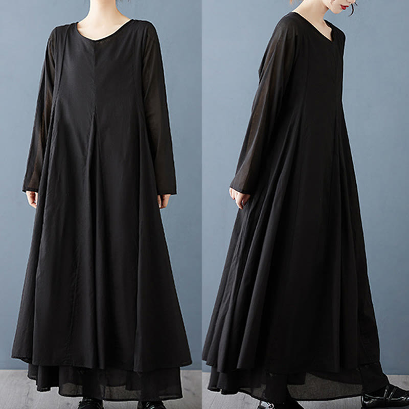 Tactile Cotton Double-Layer Mindful Long-Sleeve Midi Dress