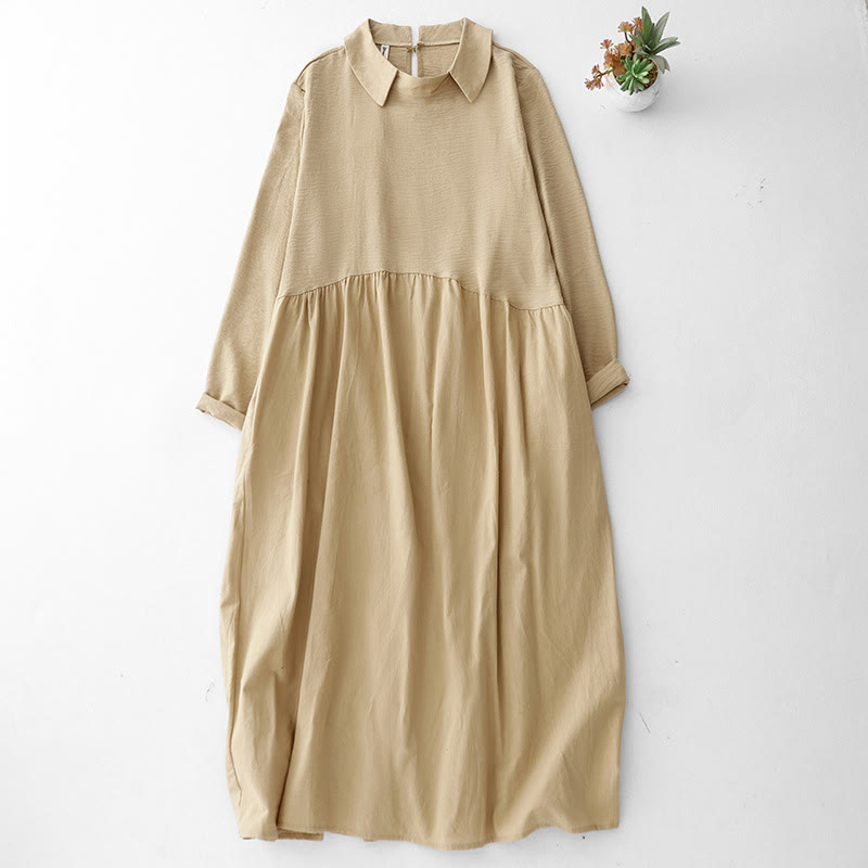 Breathable Cotton Linen Lapel Long Sleeve Mindful Midi Dress