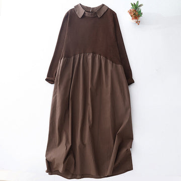 Breathable Cotton Linen Lapel Long Sleeve Mindful Midi Dress