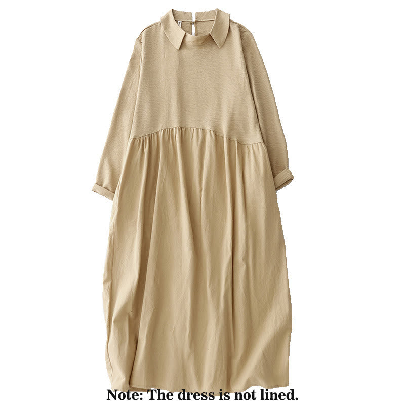Breathable Cotton Linen Lapel Long Sleeve Mindful Midi Dress