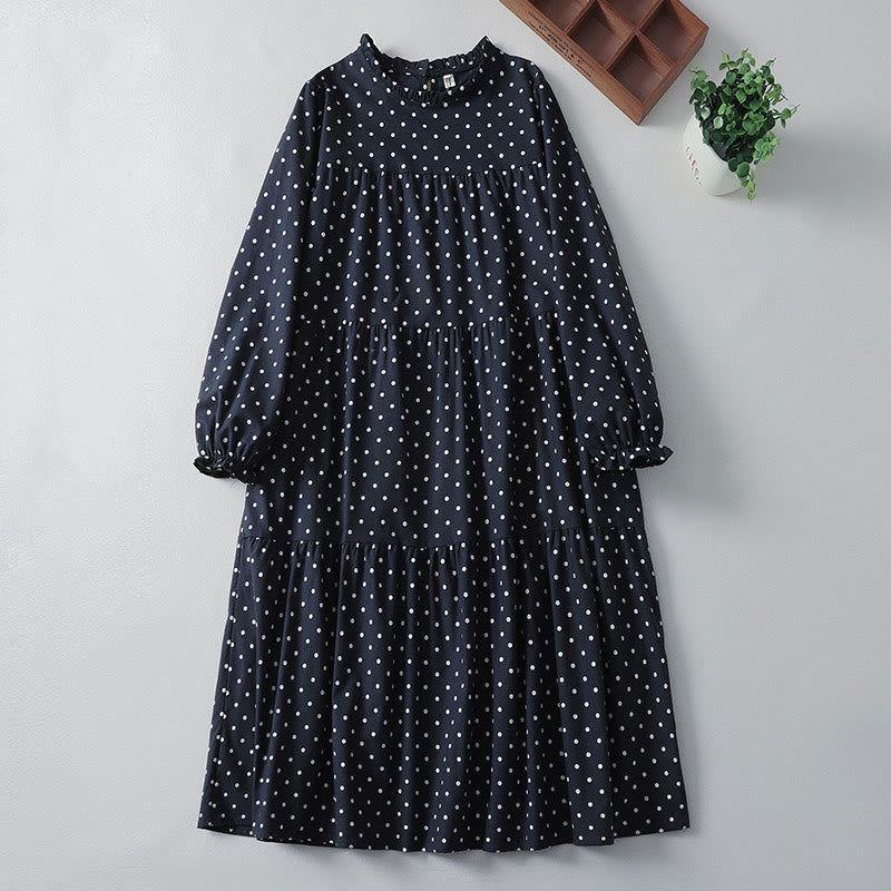 Tactile Cotton Linen Dotted Long Sleeve Meditation Midi Dress