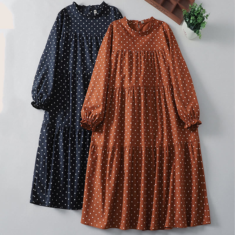 Tactile Cotton Linen Dotted Long Sleeve Meditation Midi Dress