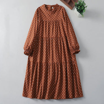 Tactile Cotton Linen Dotted Long Sleeve Meditation Midi Dress