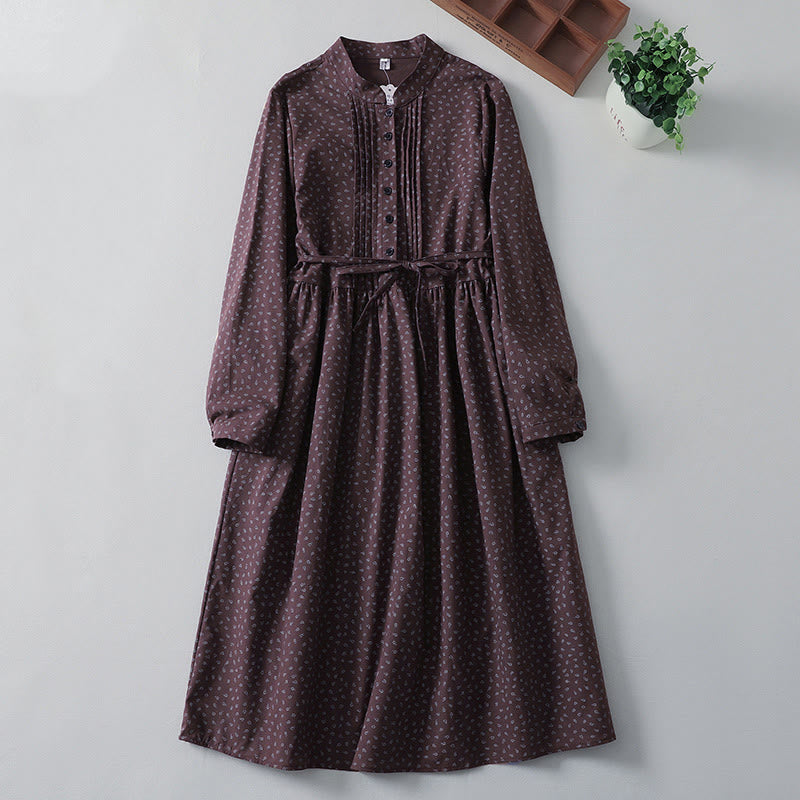 Cotton Linen Pleated Floral Stand Collar Mindful Midi Dress