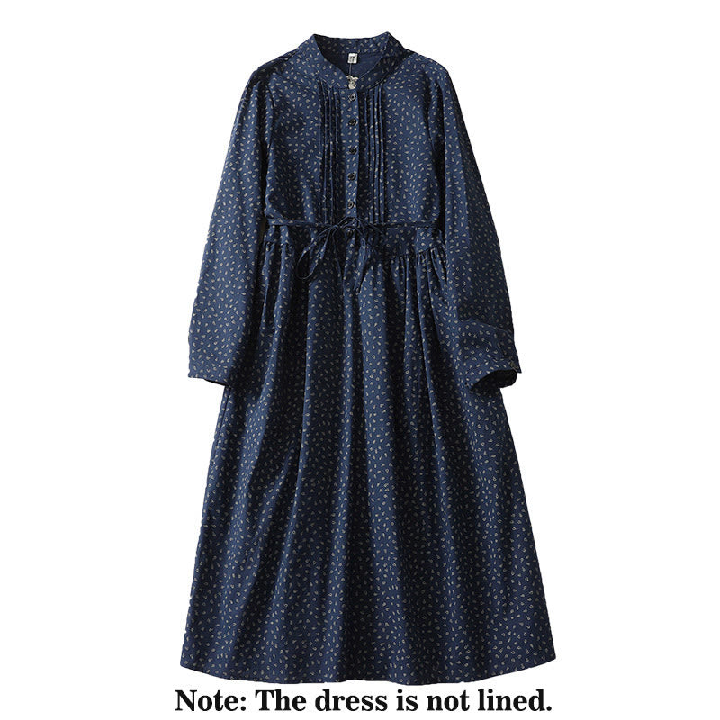 Cotton Linen Pleated Floral Stand Collar Mindful Midi Dress