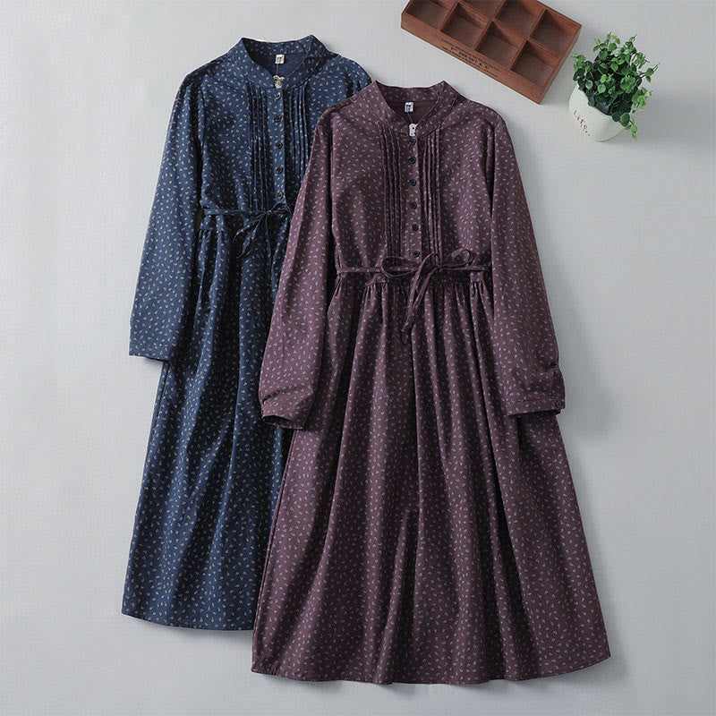 Cotton Linen Pleated Floral Stand Collar Mindful Midi Dress