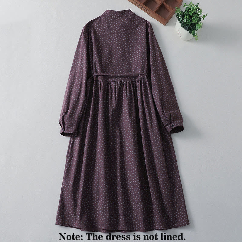 Cotton Linen Pleated Floral Stand Collar Mindful Midi Dress