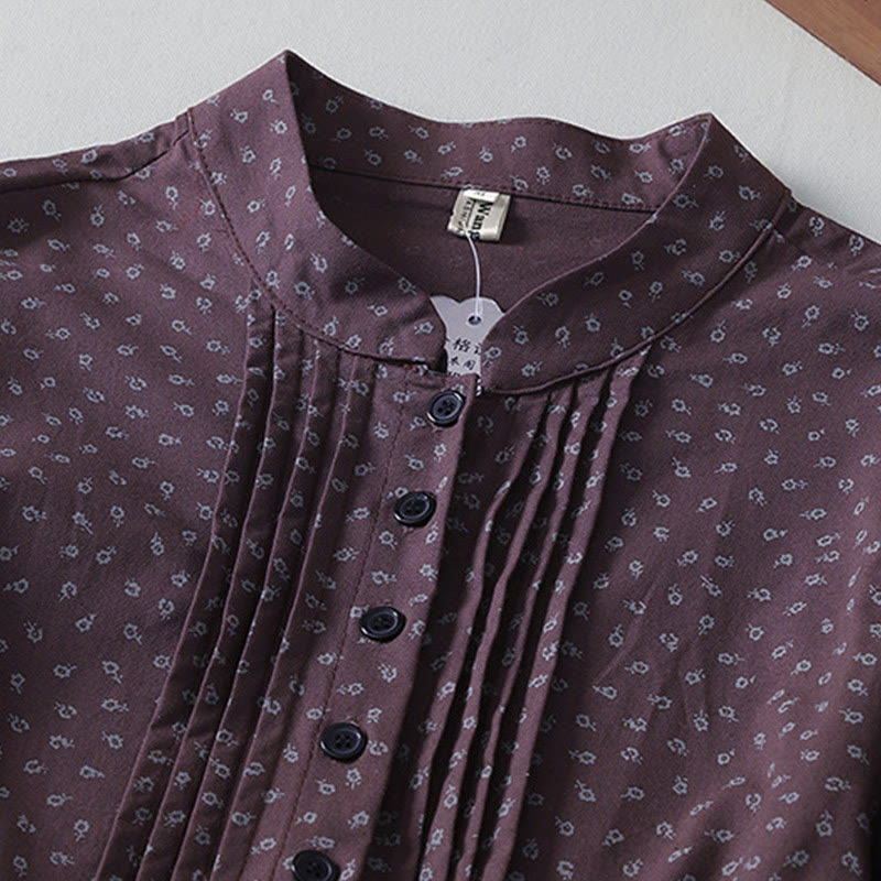 Cotton Linen Pleated Floral Stand Collar Mindful Midi Dress