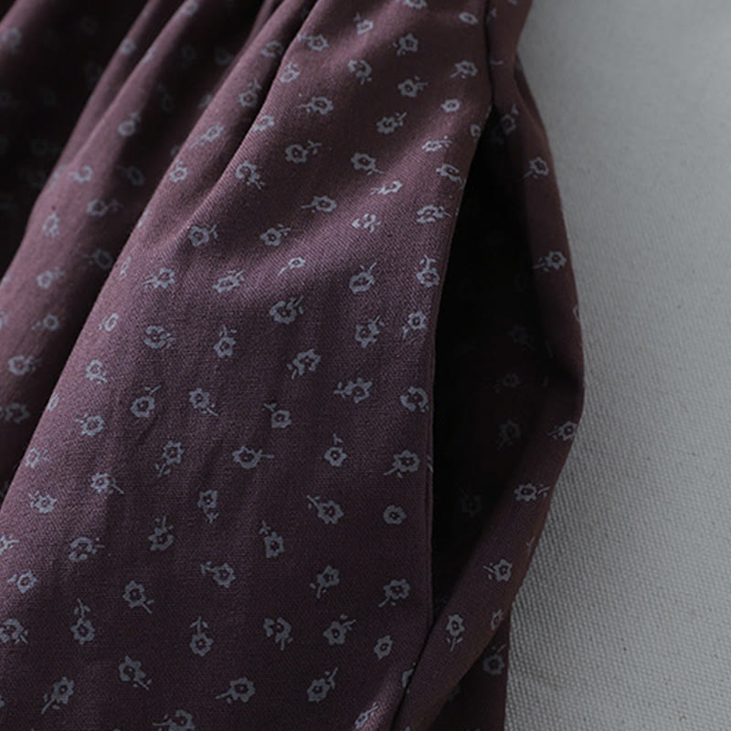 Cotton Linen Pleated Floral Stand Collar Mindful Midi Dress