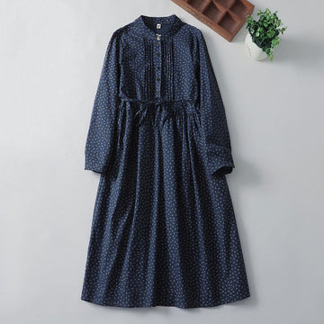 Cotton Linen Pleated Floral Stand Collar Mindful Midi Dress