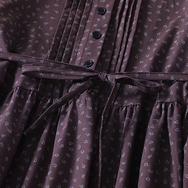 Cotton Linen Pleated Floral Stand Collar Mindful Midi Dress