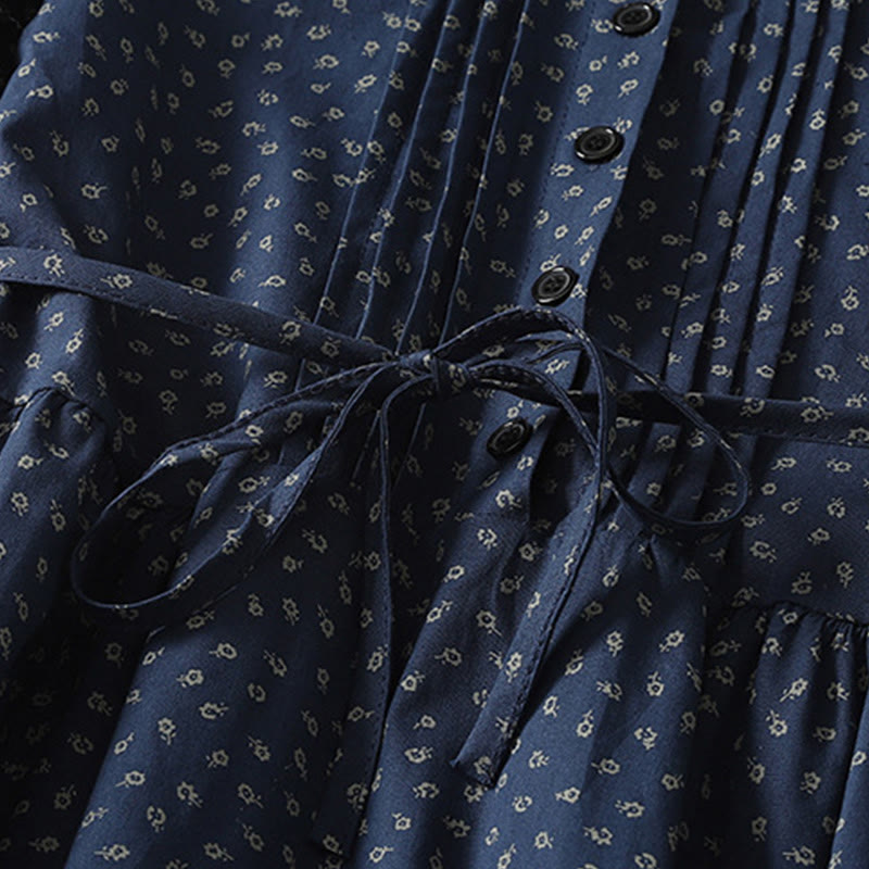 Cotton Linen Pleated Floral Stand Collar Mindful Midi Dress