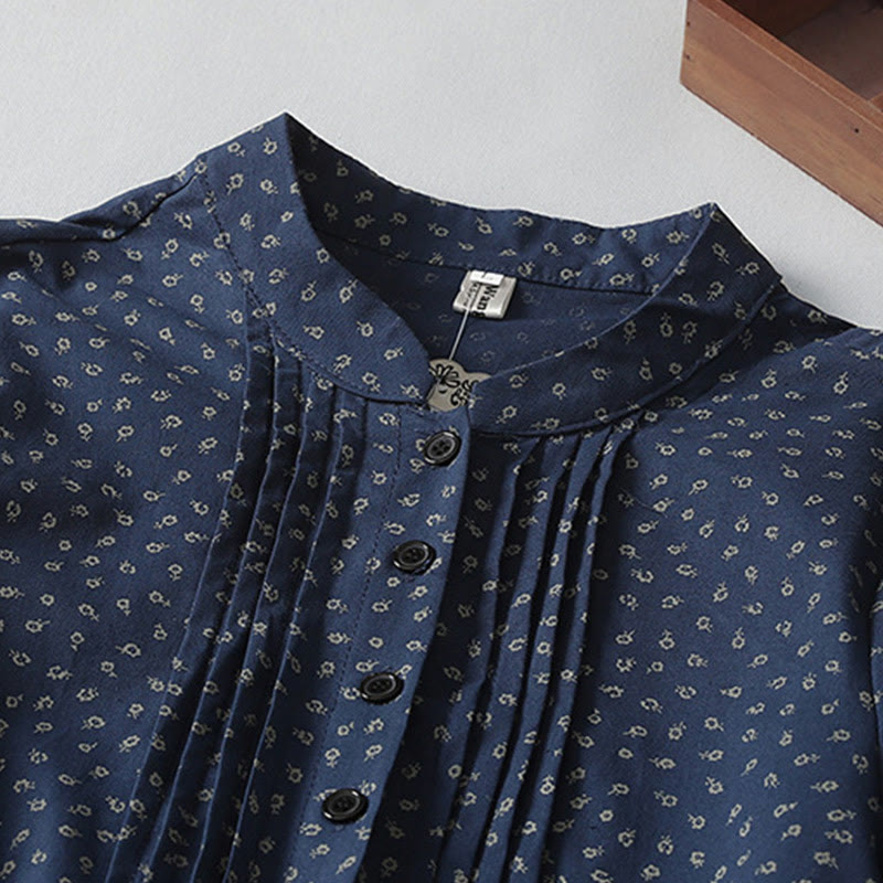 Cotton Linen Pleated Floral Stand Collar Mindful Midi Dress