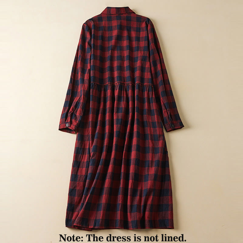 Tactile Cotton Linen Plaid Long-Sleeve Mindful Midi Dress
