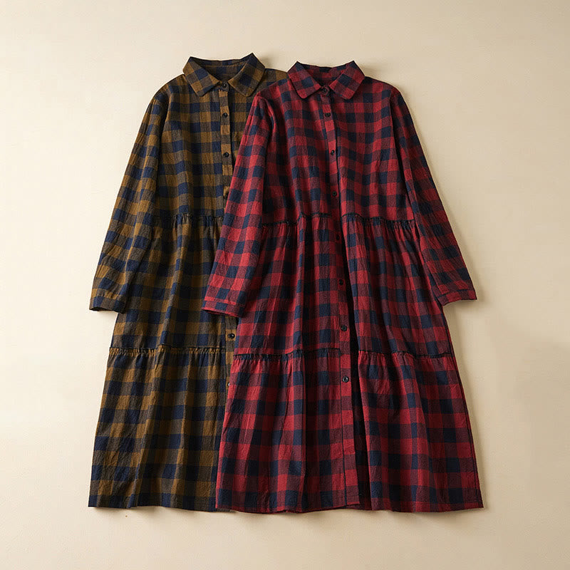 Tactile Cotton Linen Plaid Long-Sleeve Mindful Midi Dress