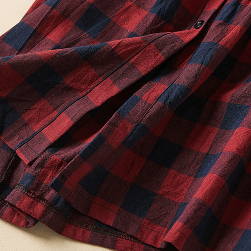 Tactile Cotton Linen Plaid Long-Sleeve Mindful Midi Dress