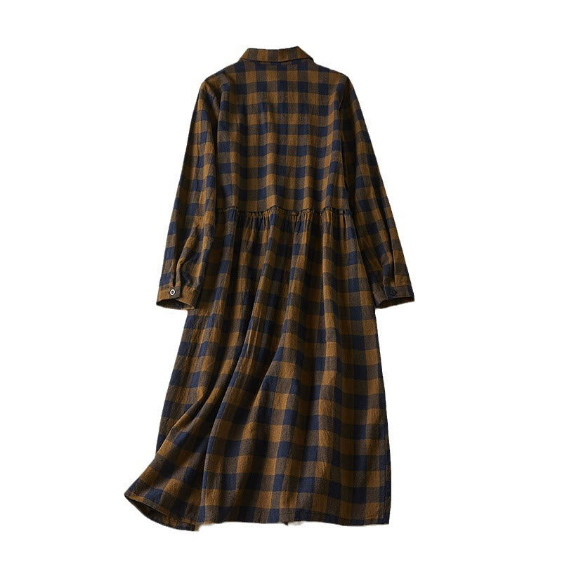 Tactile Cotton Linen Plaid Long-Sleeve Mindful Midi Dress
