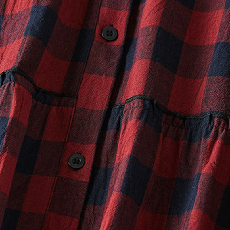 Tactile Cotton Linen Plaid Long-Sleeve Mindful Midi Dress