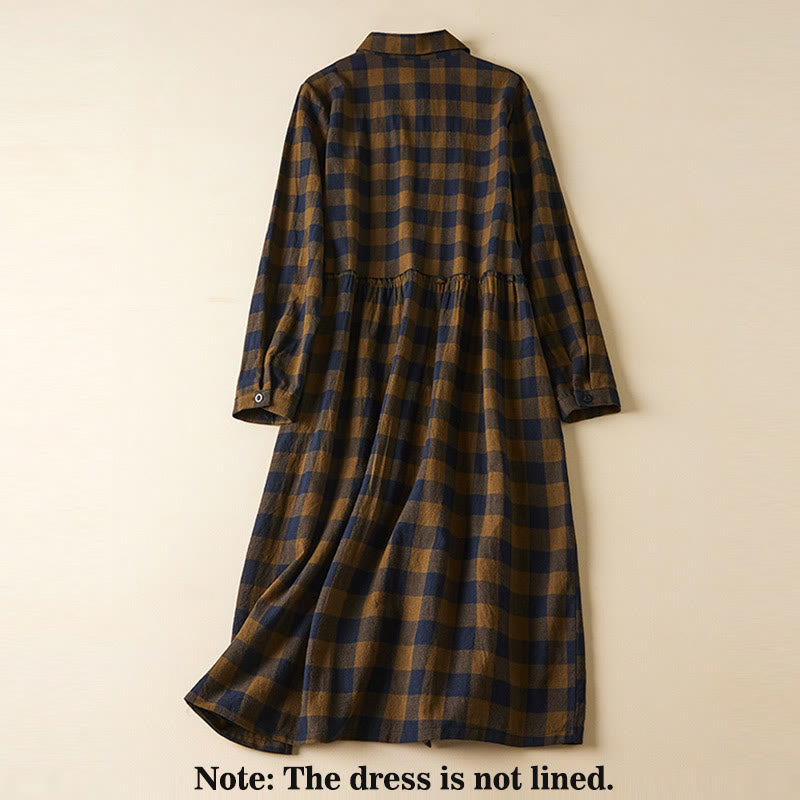 Tactile Cotton Linen Plaid Long-Sleeve Mindful Midi Dress