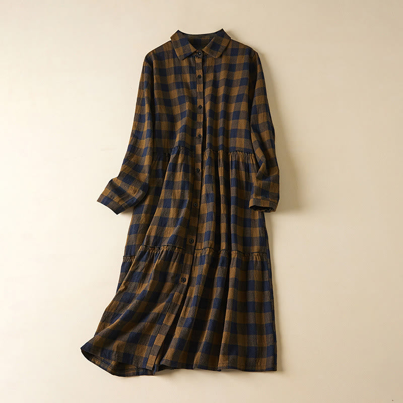 Tactile Cotton Linen Plaid Long-Sleeve Mindful Midi Dress