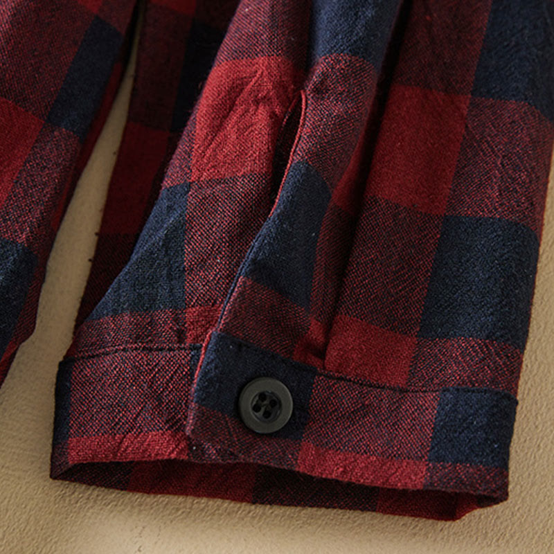 Tactile Cotton Linen Plaid Long-Sleeve Mindful Midi Dress