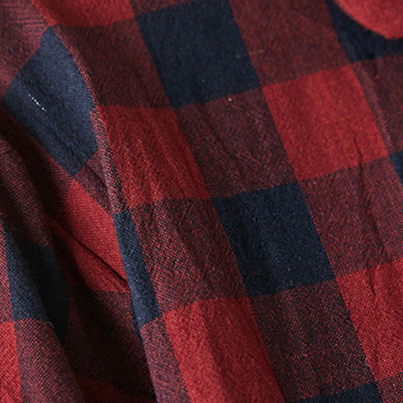 Tactile Cotton Linen Plaid Long-Sleeve Mindful Midi Dress