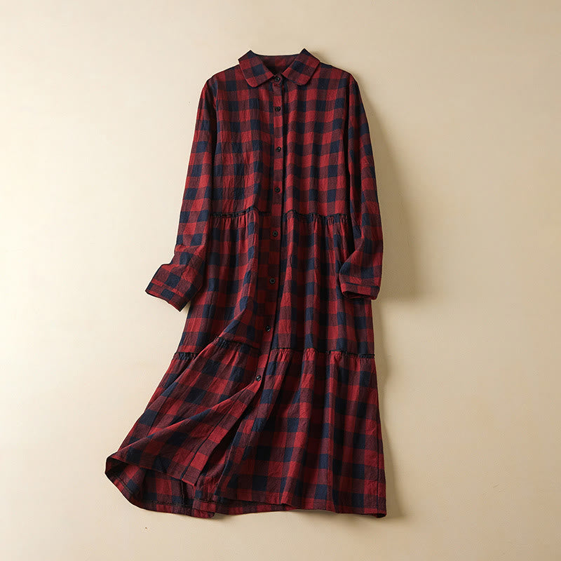 Tactile Cotton Linen Plaid Long-Sleeve Mindful Midi Dress