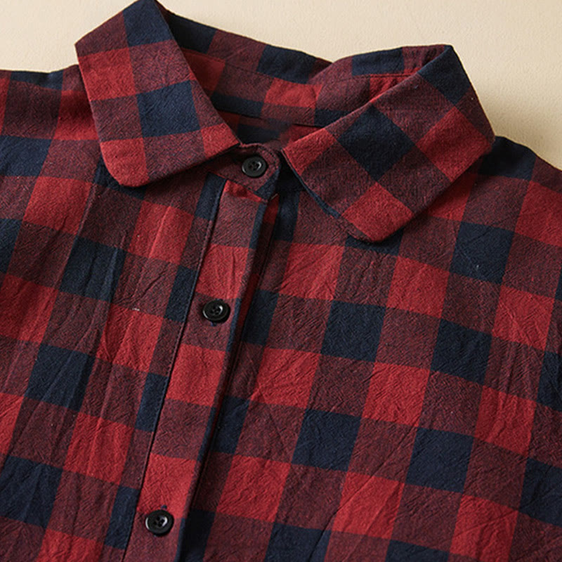 Tactile Cotton Linen Plaid Long-Sleeve Mindful Midi Dress