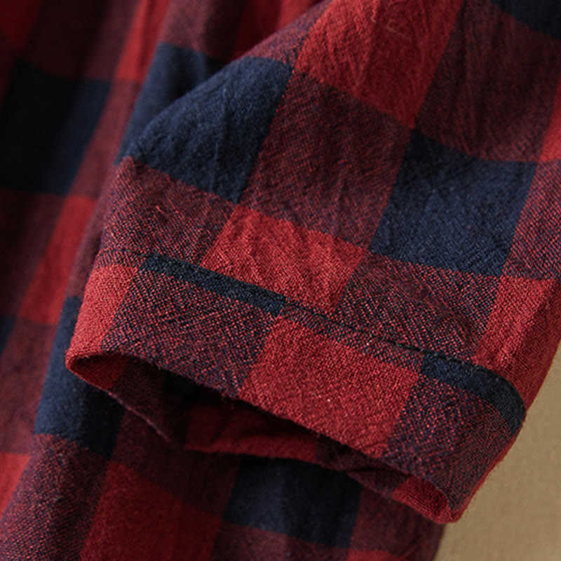 Tactile Cotton Linen Plaid Long-Sleeve Mindful Midi Dress