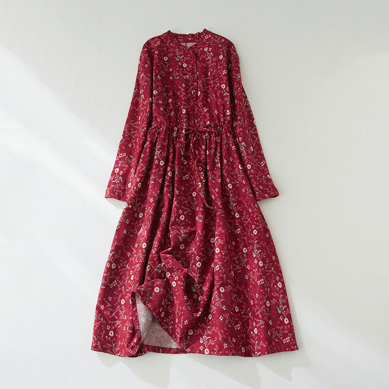 Cotton Linen Floral Long-Sleeve Mindful Midi Dress
